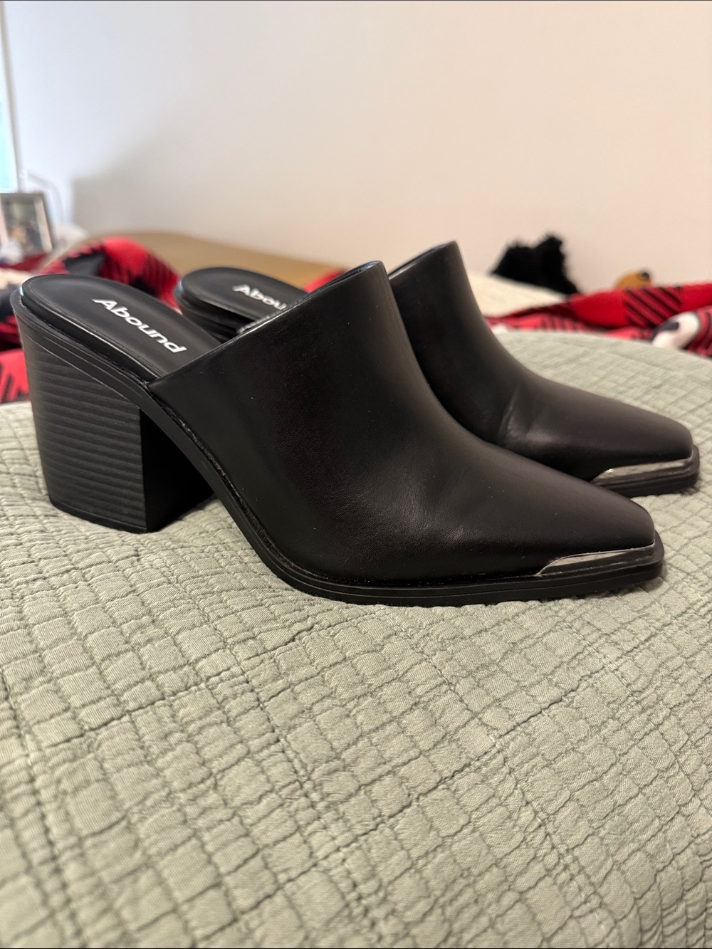 Abound Black Leather Pointed Toe Block Heel Mules with Silver Toe Accent